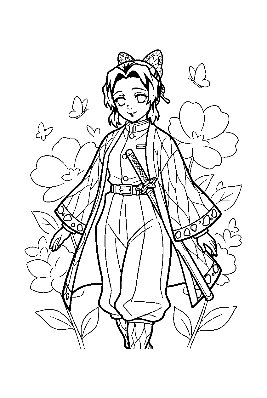 demon slayer characters in butterfly garden line art