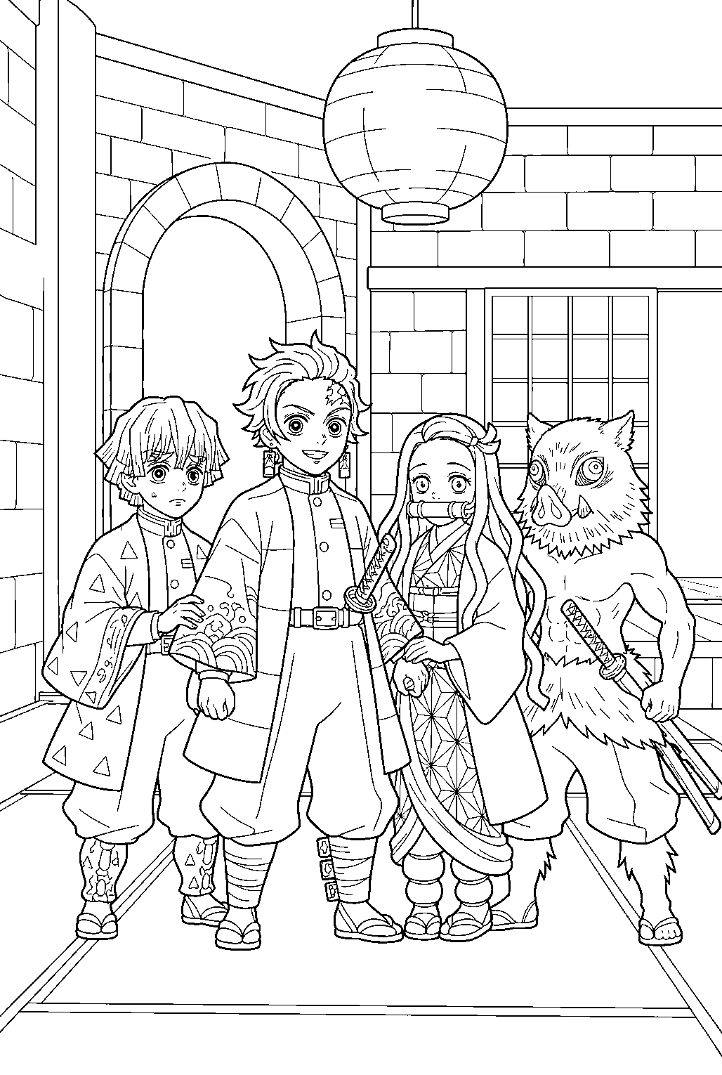 demon slayer characters in castle chamber line art