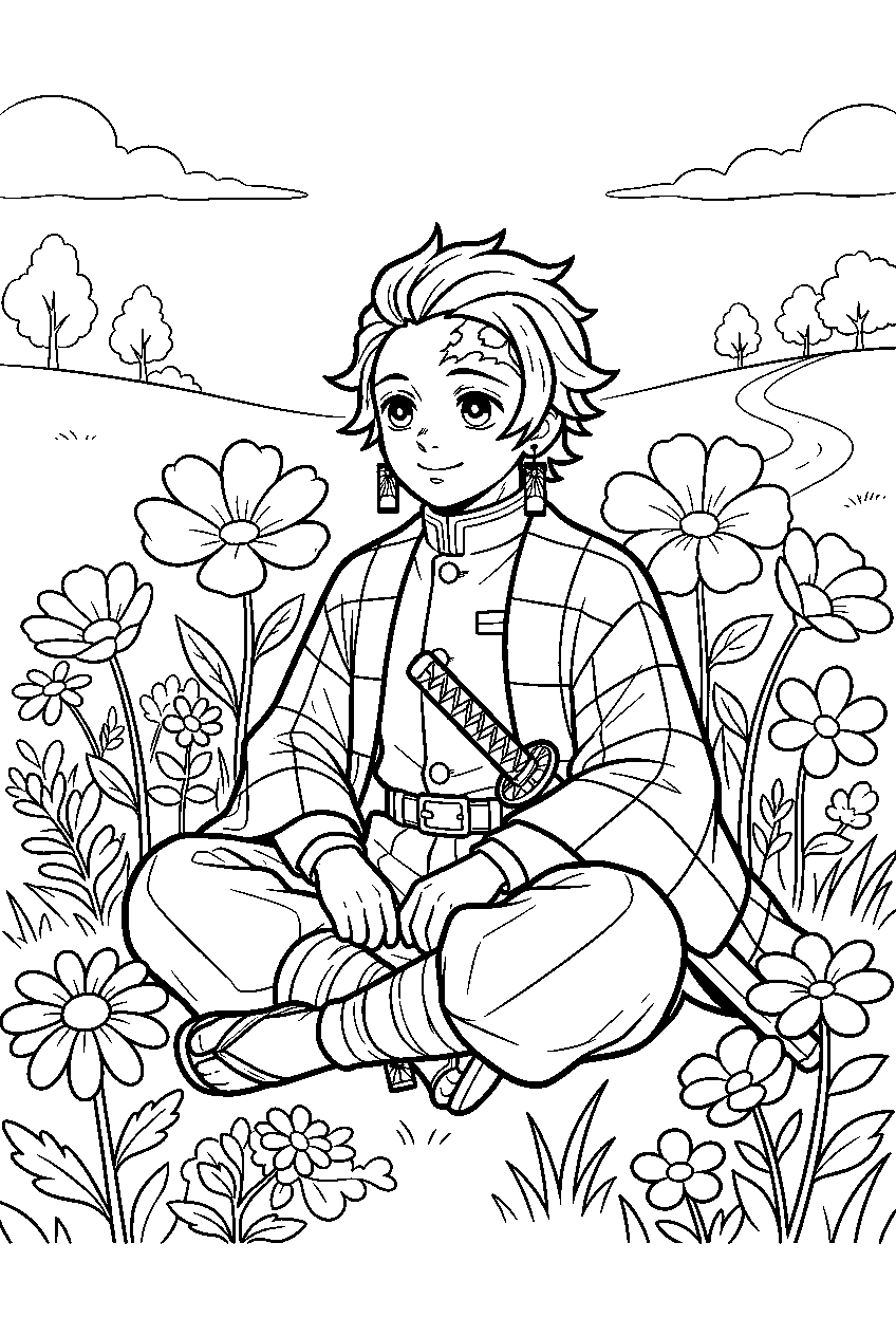 demon slayer characters in flower meadow line art