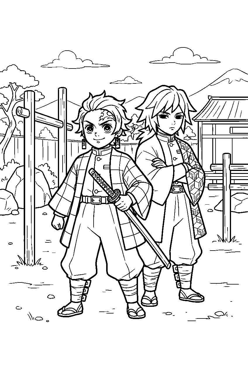 demon slayer characters in hashira training grounds line art