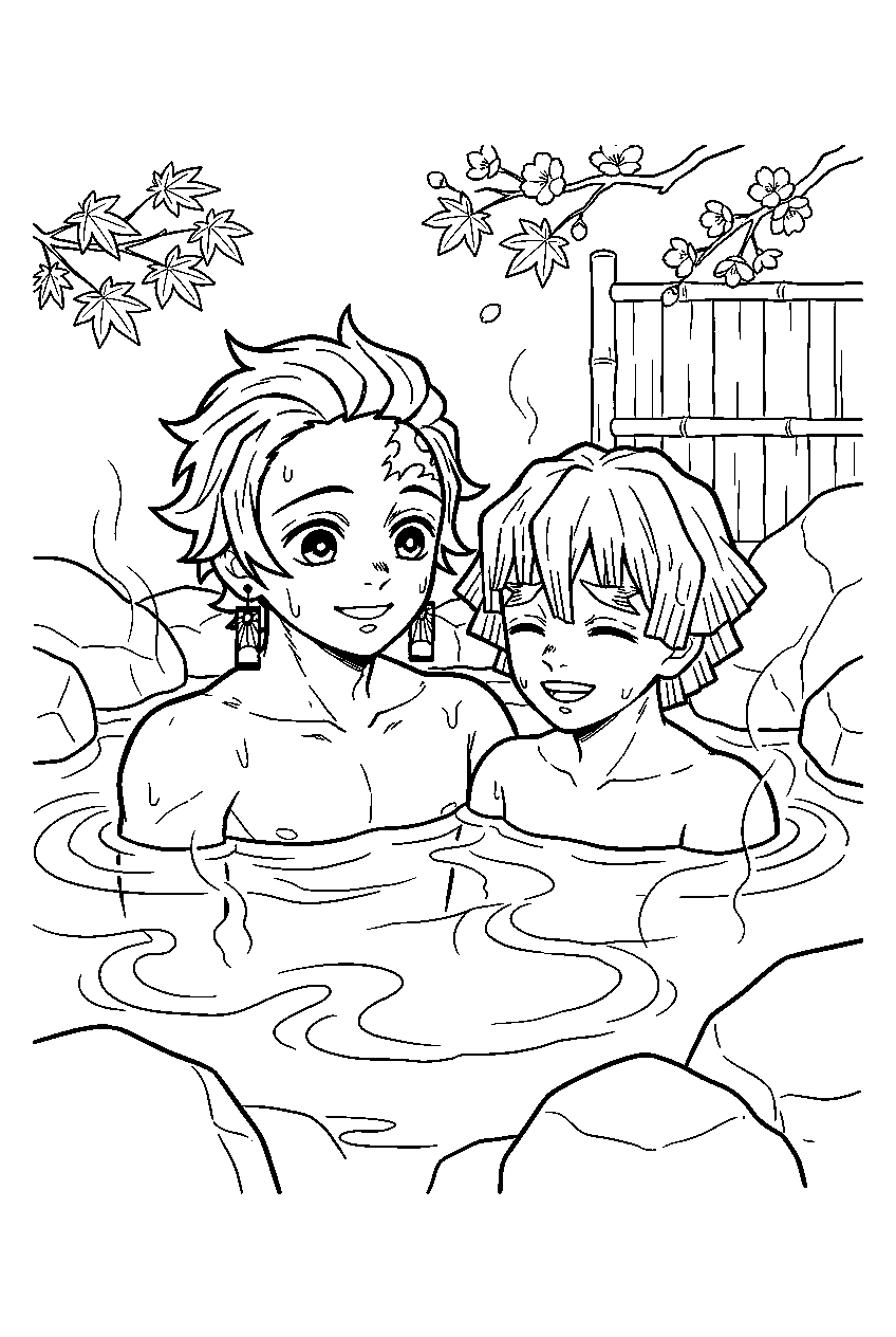 demon slayer characters in hidden hot springs line art