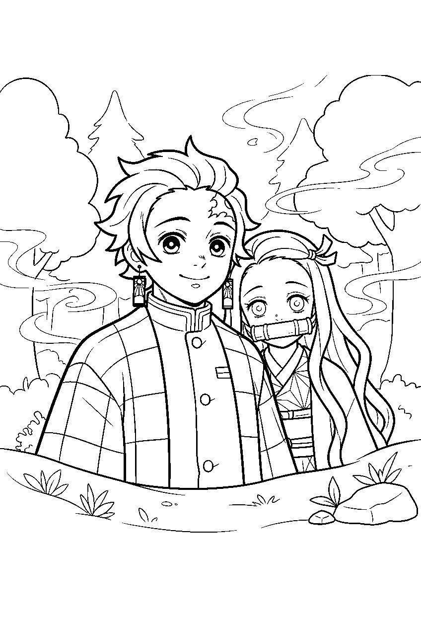 demon slayer characters in misty forest line art