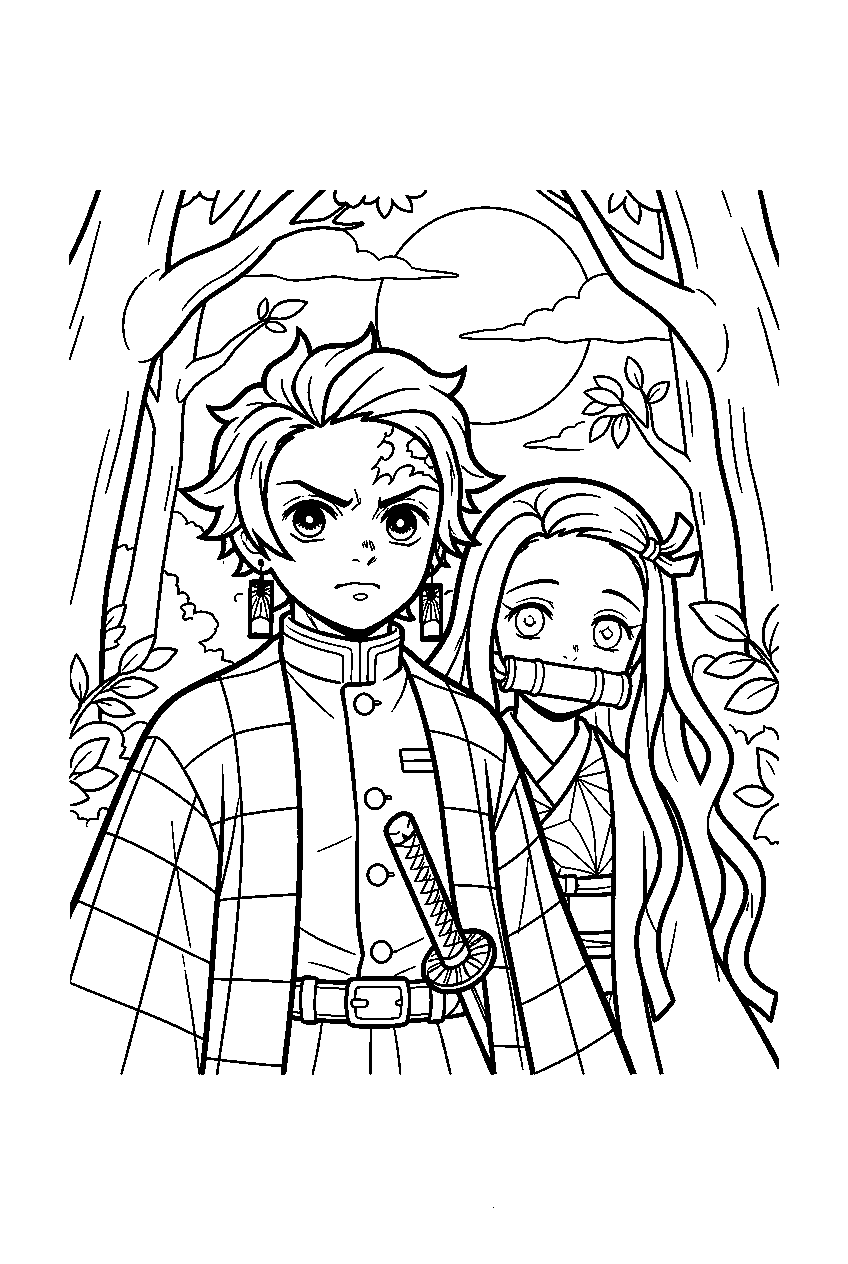 demon slayer characters in moonlit forest line art