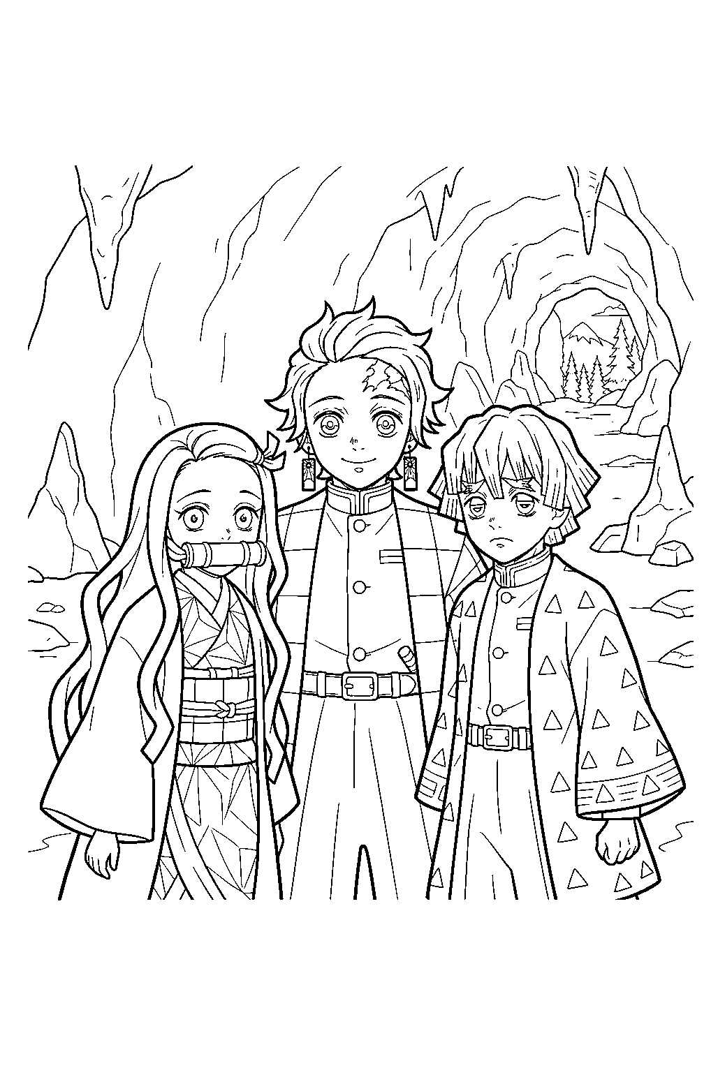 demon slayer characters in mountain cave line art