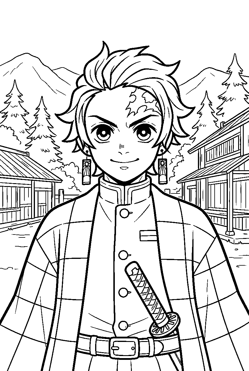 demon slayer characters in mountain village line art
