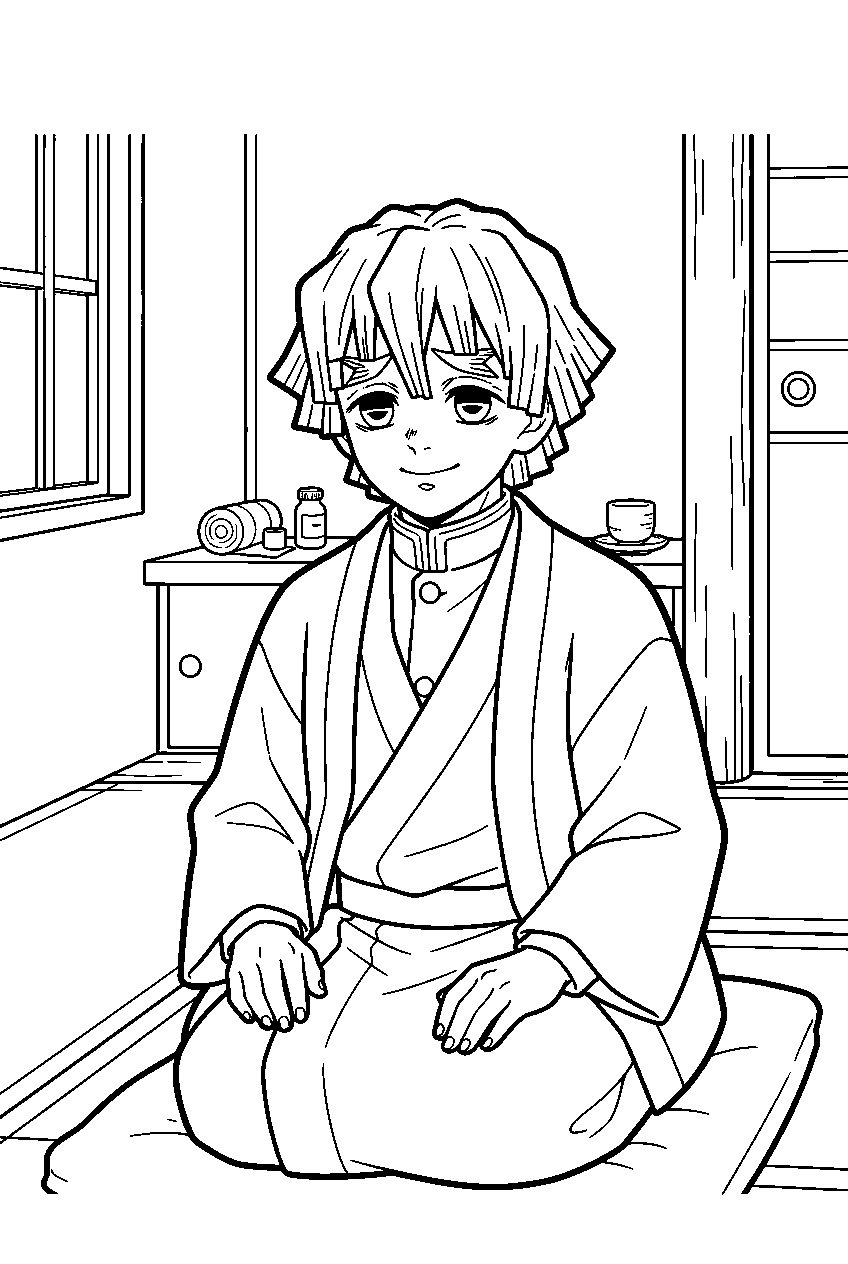 demon slayer characters in rehabilitation room line art