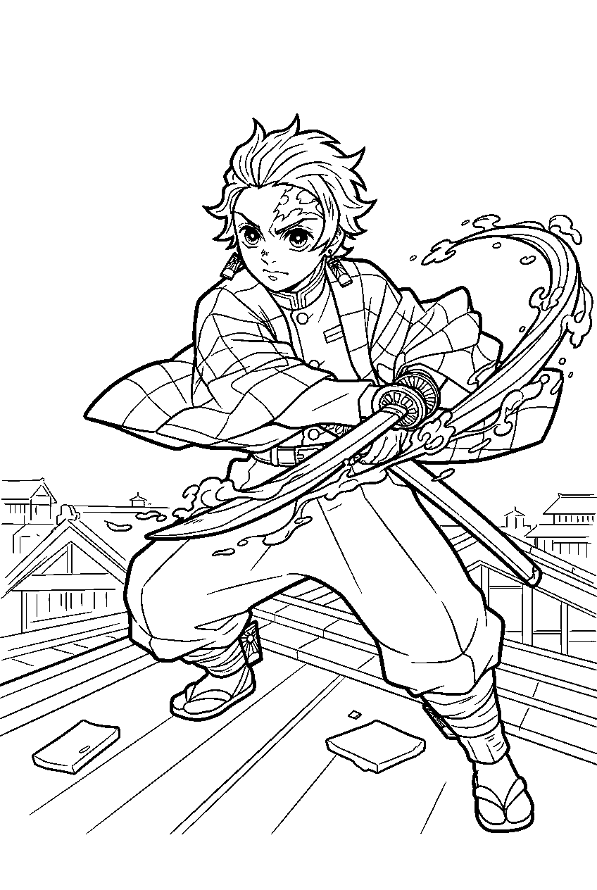 demon slayer characters in rooftop battle area line art