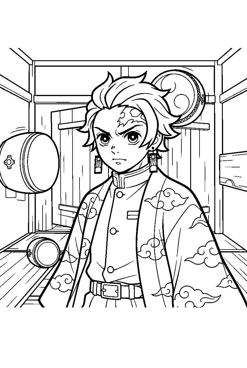 demon slayer characters in rotating drum room line art