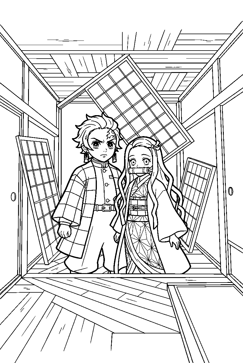 demon slayer characters in shifting castle hallway line art