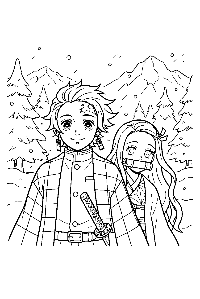 demon slayer characters in snowy mountain forest line art
