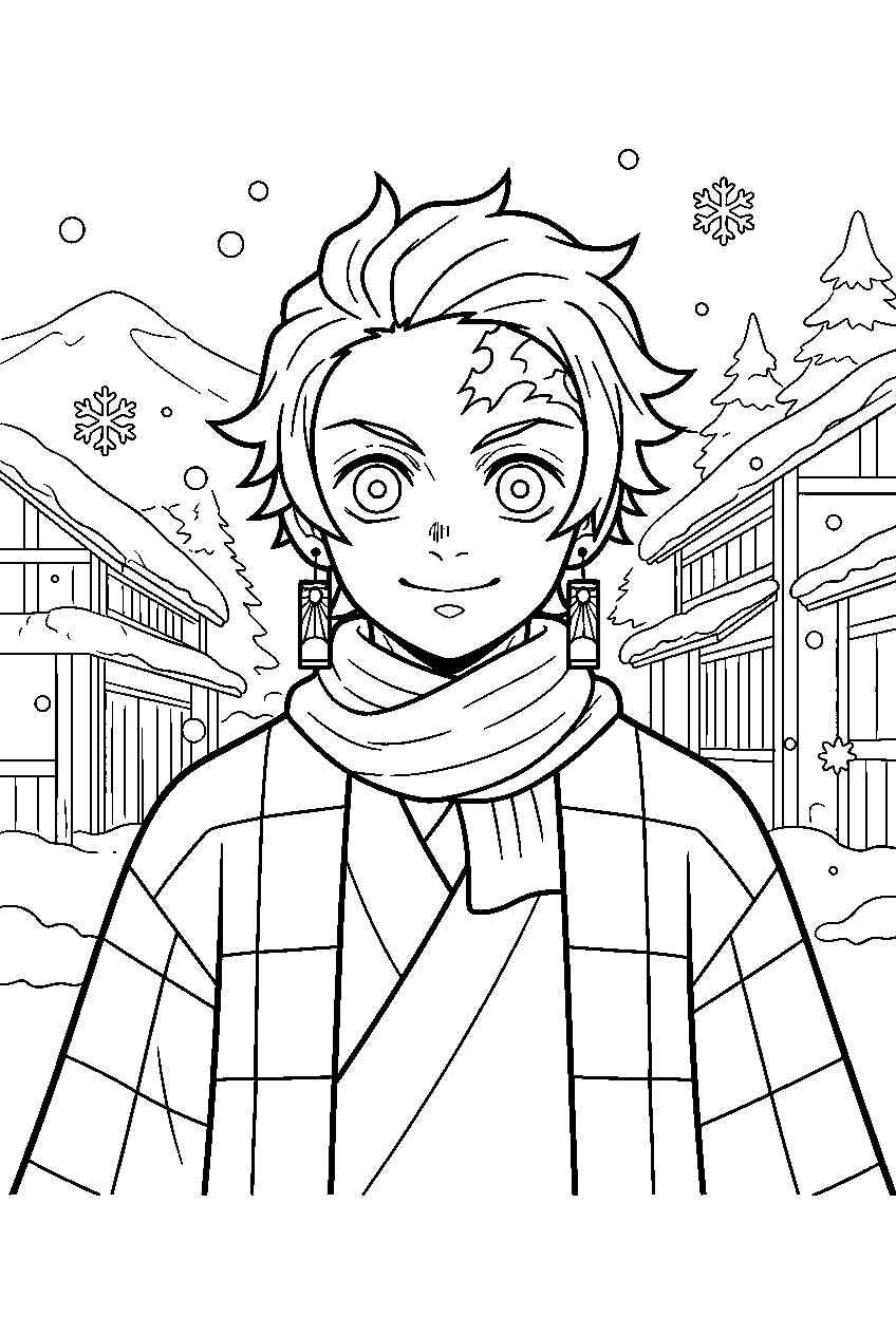 demon slayer characters in snowy village line art