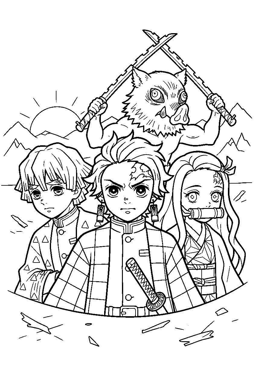 demon slayer characters in sunrise battlefield line art