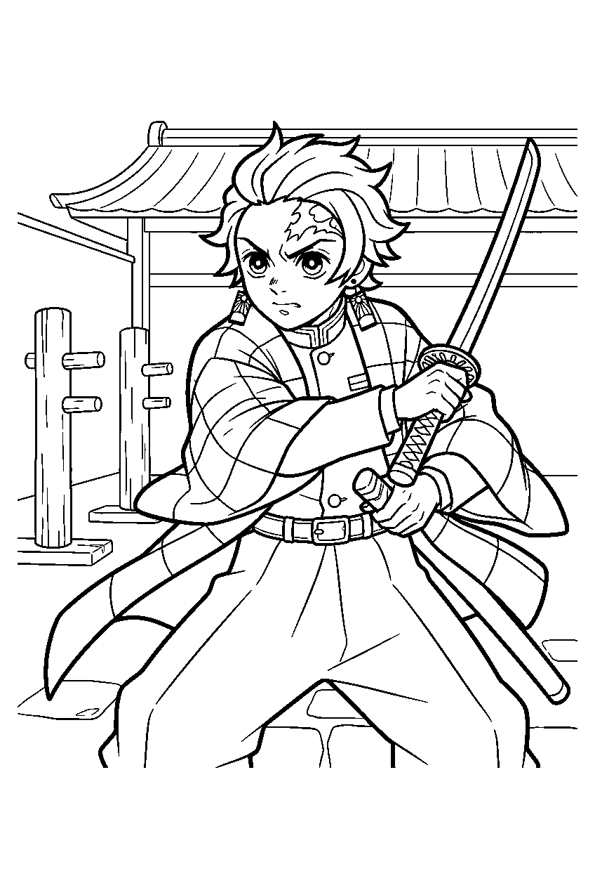 demon slayer characters in sword training courtyard line art