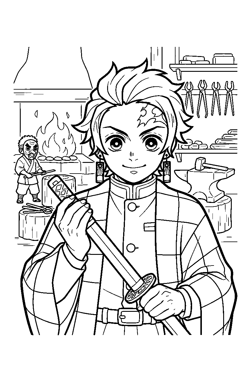 demon slayer characters in swordsmith workshop line art