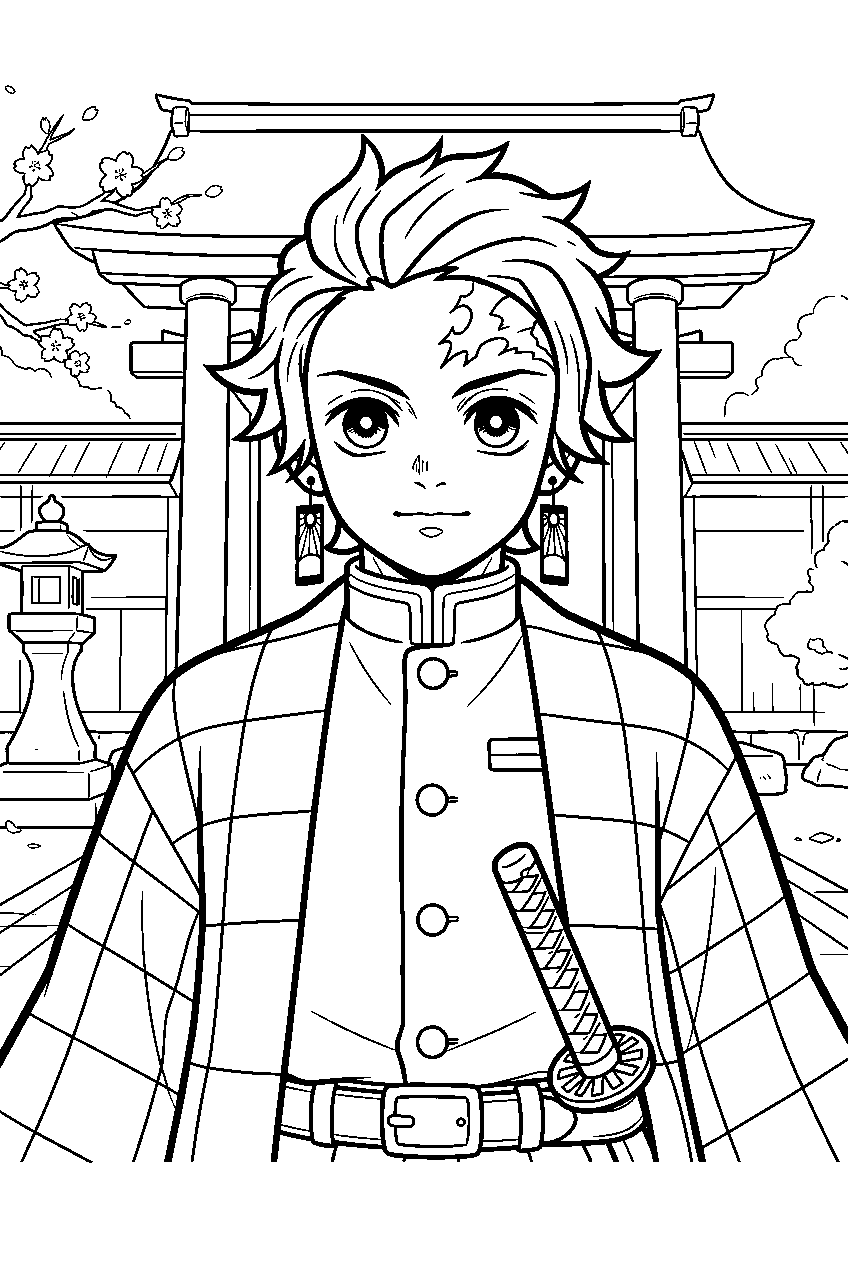 demon slayer characters in temple courtyard line art