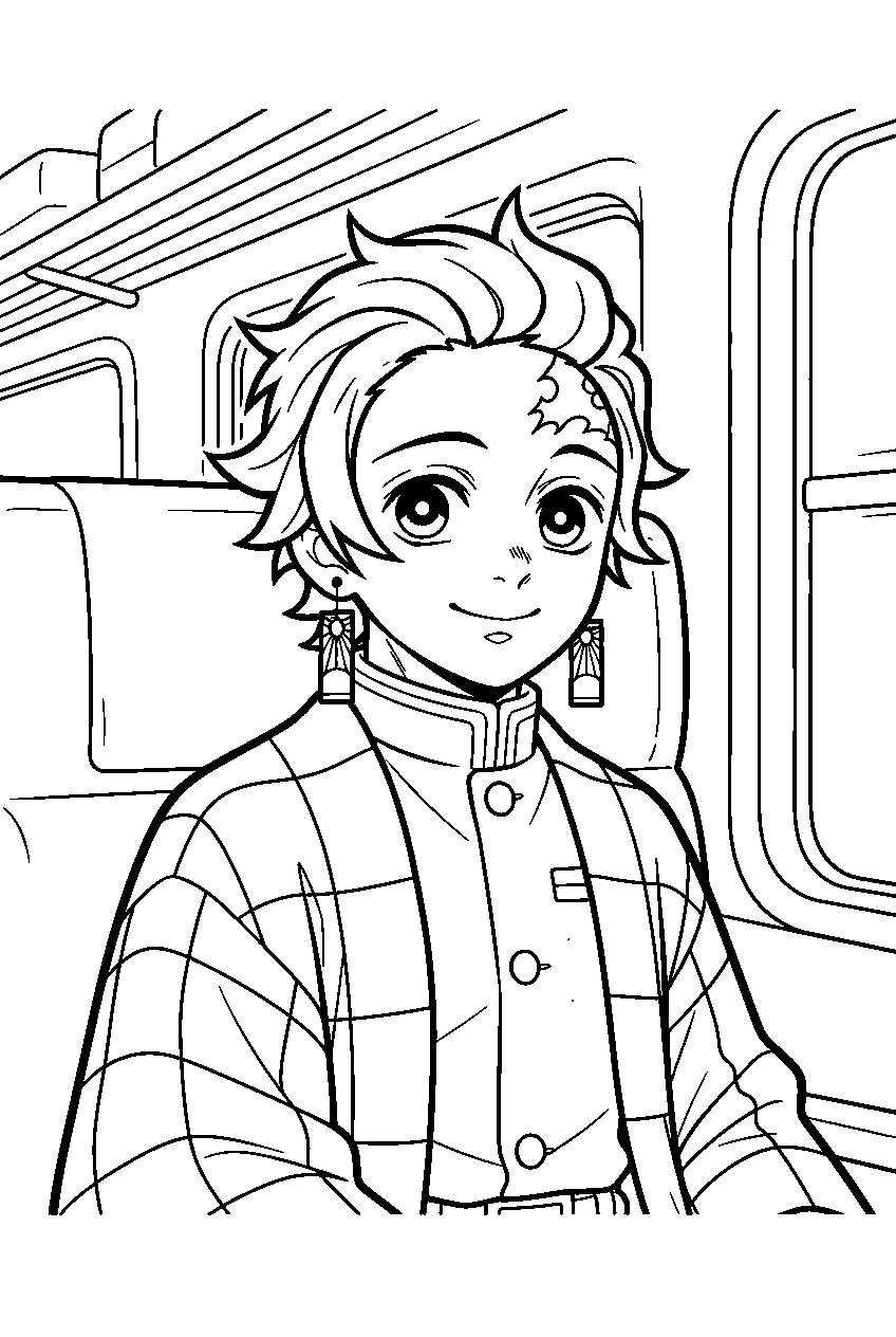 demon slayer characters in train passenger car line art