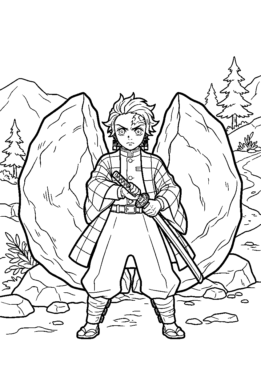 demon slayer characters near split boulder line art