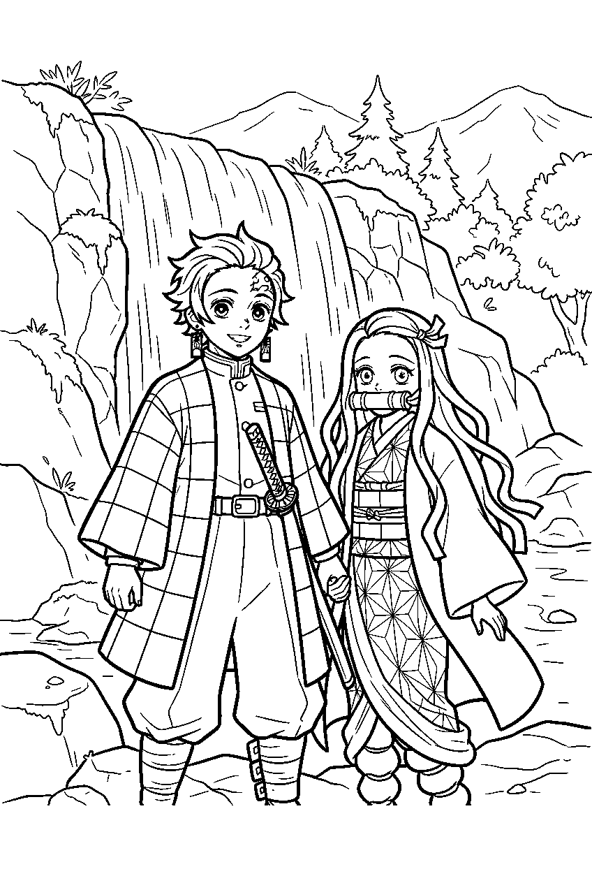 demon slayer characters near waterfall line art