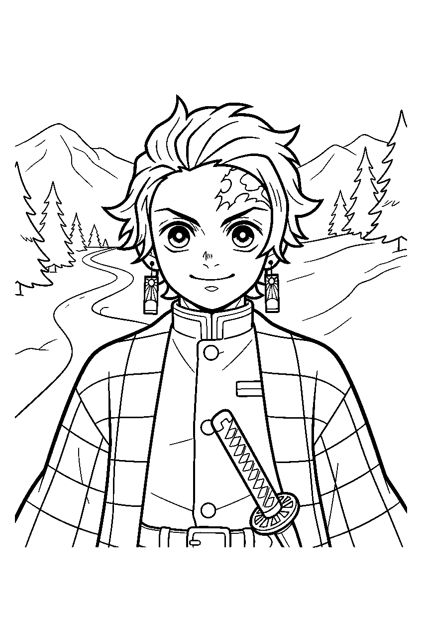demon slayer characters on mountain trail line art