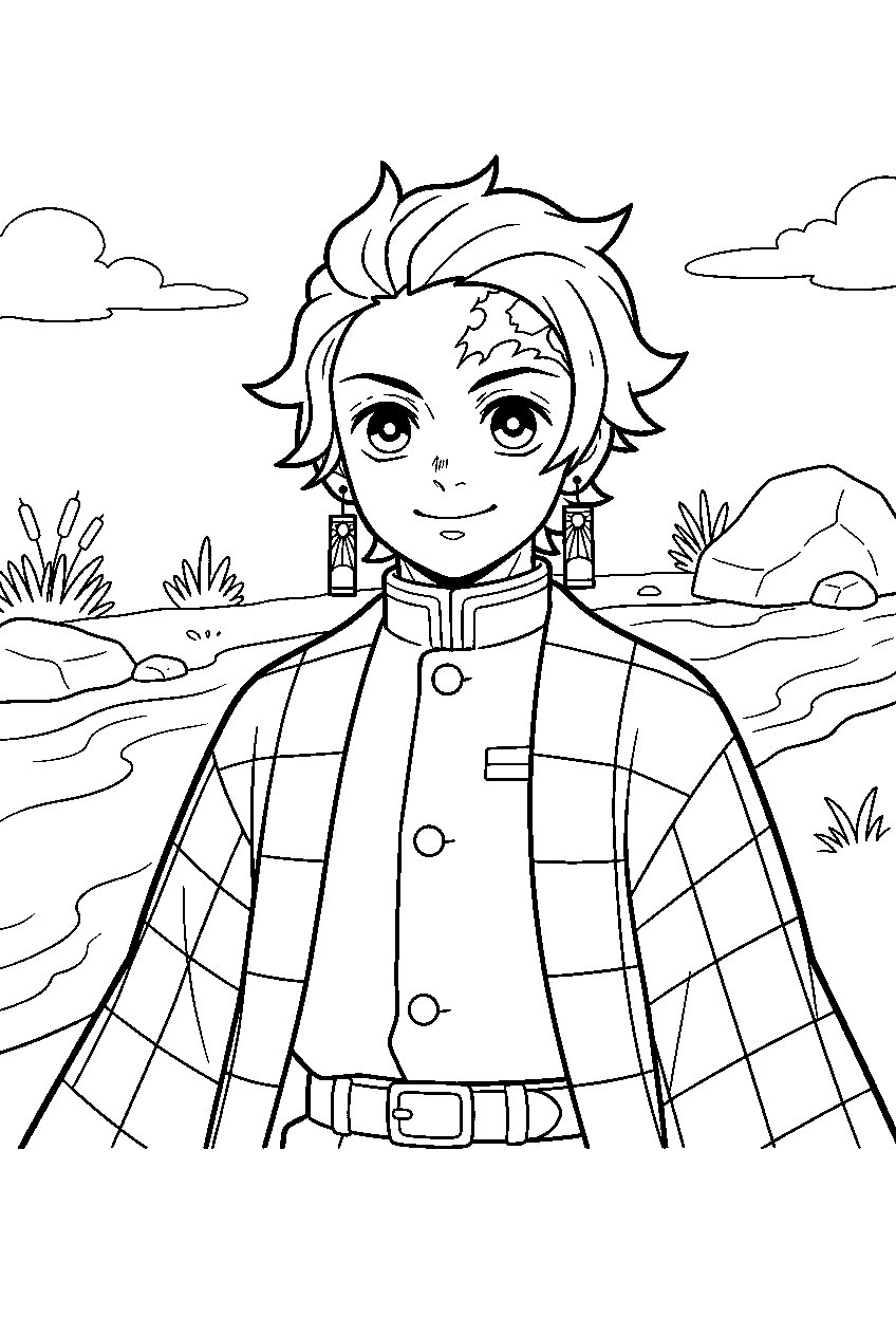 demon slayer characters on riverbank line art