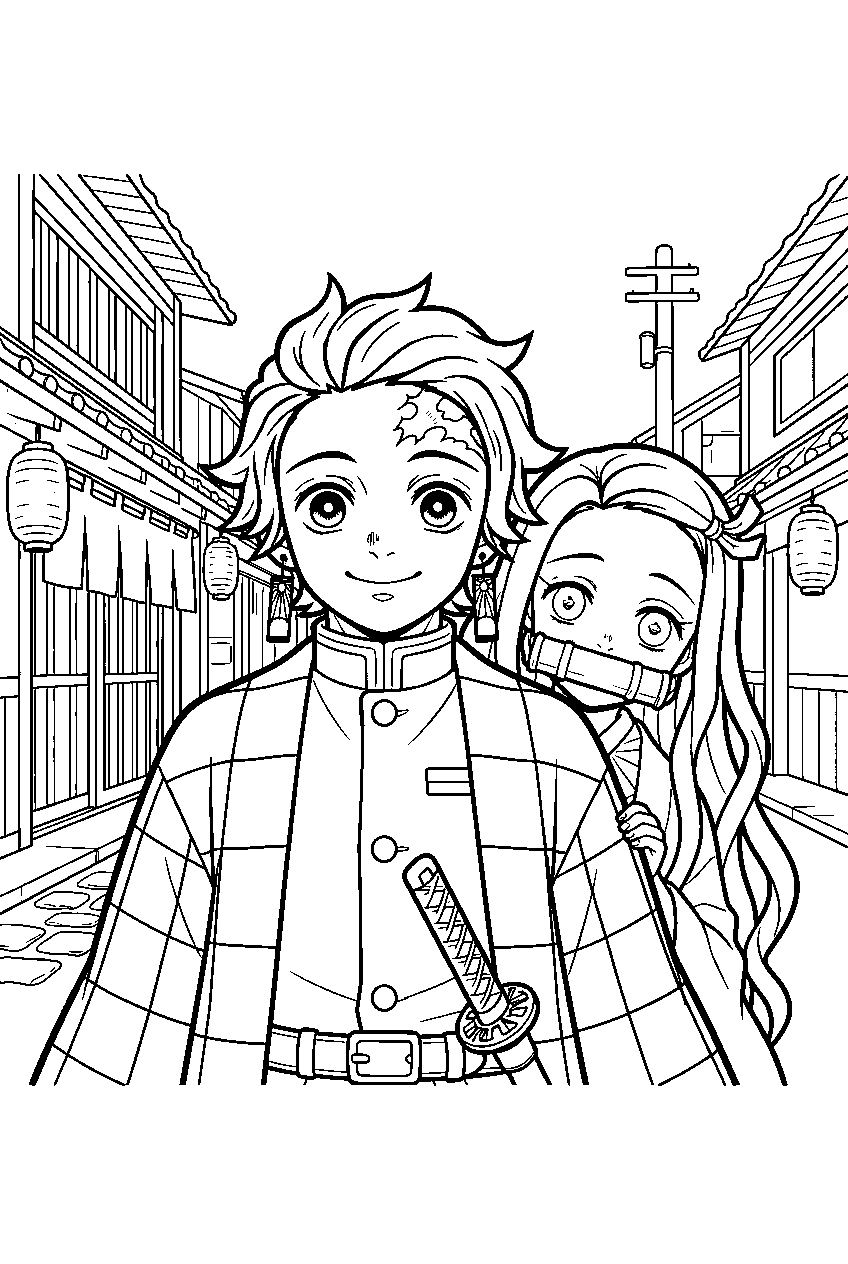 demon slayer characters on taisho city street line art
