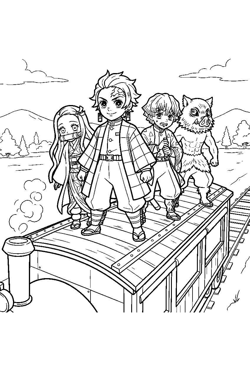 demon slayer characters on train roof line art