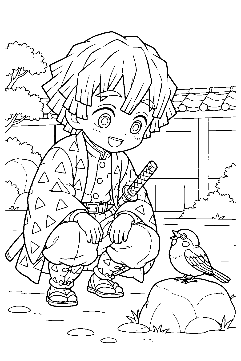 demon slayer chibi zenitsu agatsuma listening to chuntaro in a courtyard line art