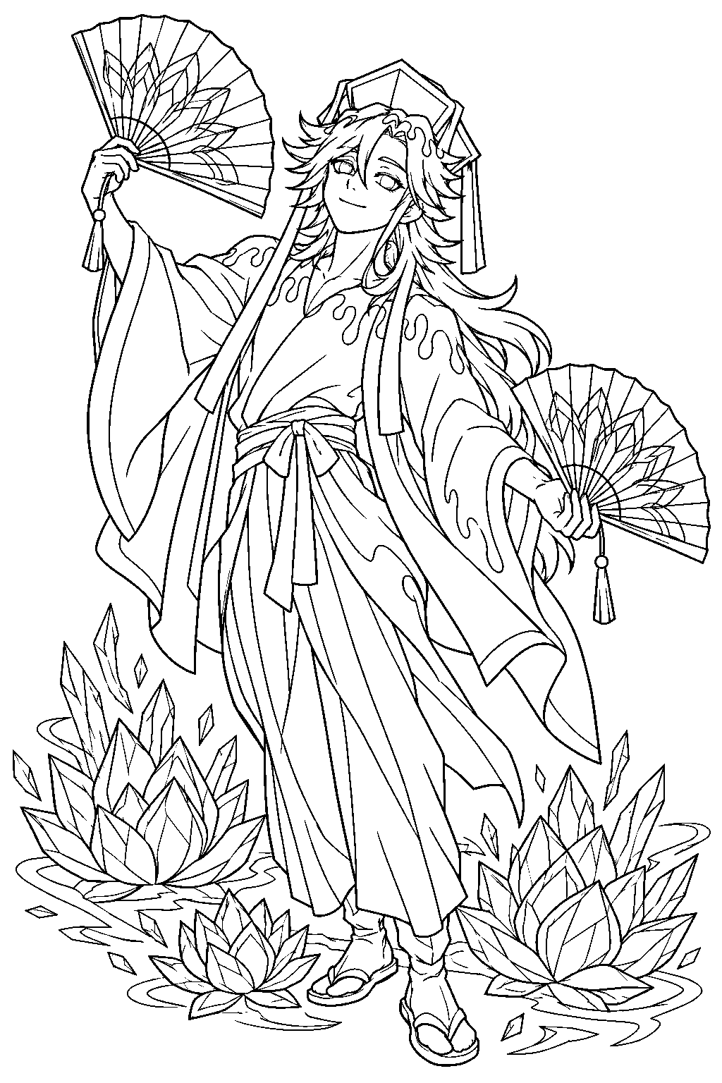demon slayer doma holding his folding fans above ice lotus flowers line art