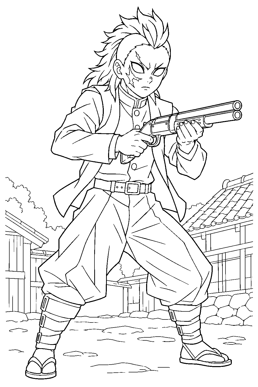 demon slayer genya shinazugawa holding his nichirin shotgun at the swordsmith village line art