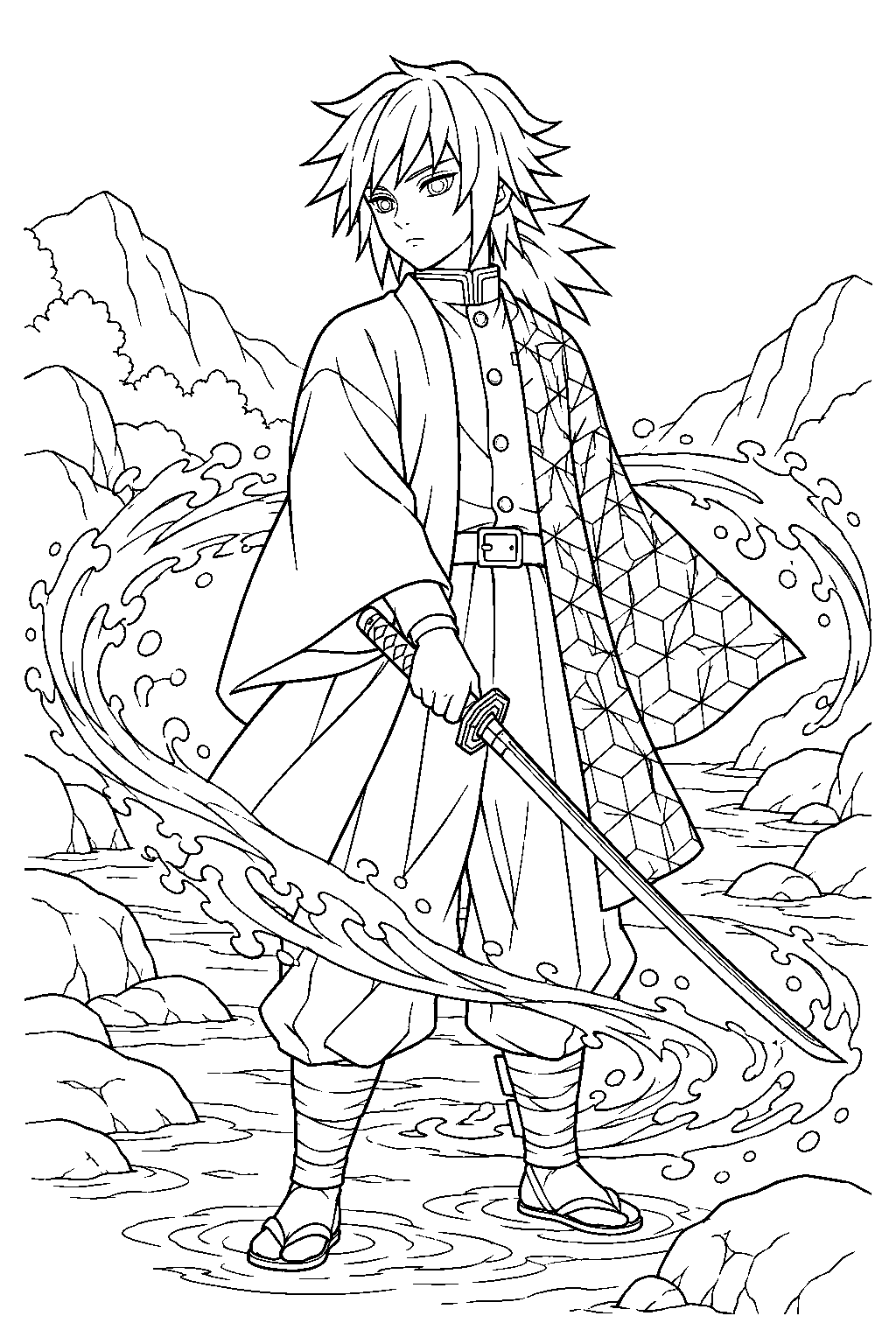 demon slayer giyu tomioka using water breathing dead calm beside a mountain stream line art
