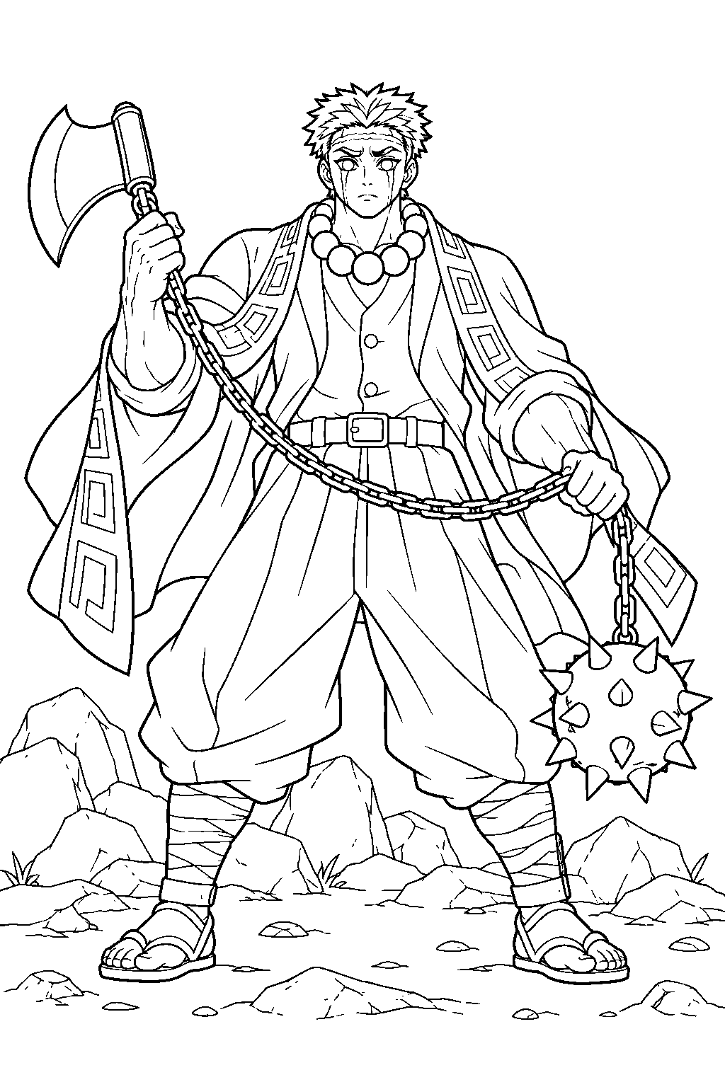 demon slayer gyomei himejima holding his chained axe and spiked flail in a rocky clearing line art