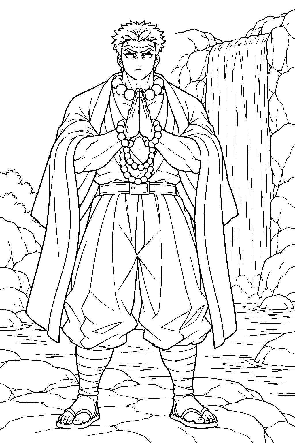 demon slayer gyomei himejima praying with his prayer beads beside a waterfall line art