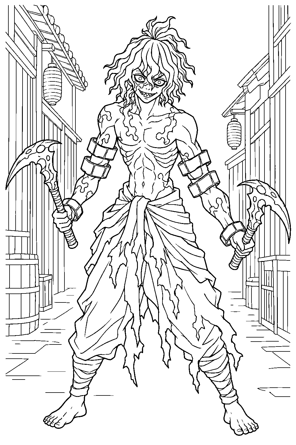 demon slayer gyutaro holding twin sickles in an entertainment district alley line art