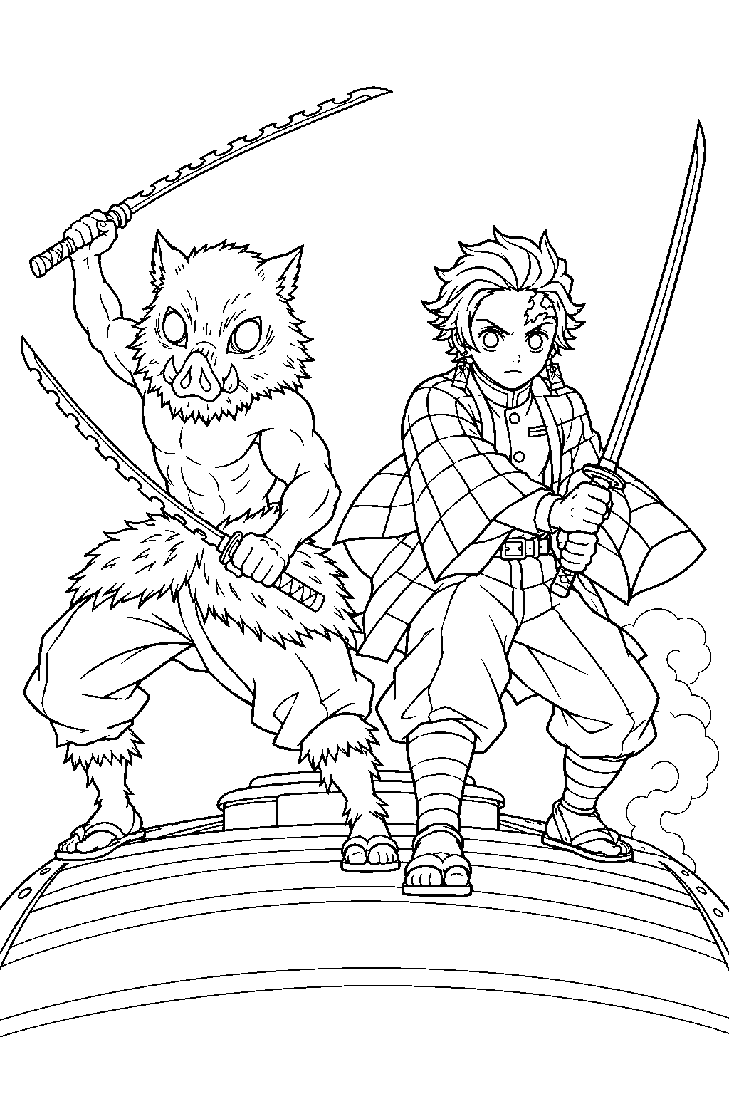 demon slayer inosuke hashibira and tanjiro kamado standing on the mugen train roof line art