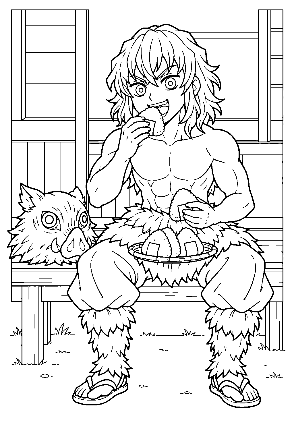 demon slayer inosuke hashibira eating rice balls with his boar mask beside him at the butterfly mansion line art