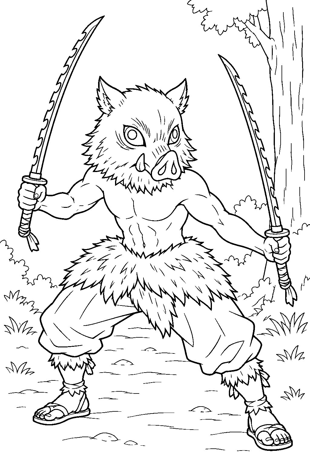 demon slayer inosuke hashibira wearing his boar mask and holding twin serrated swords on a forest path line art