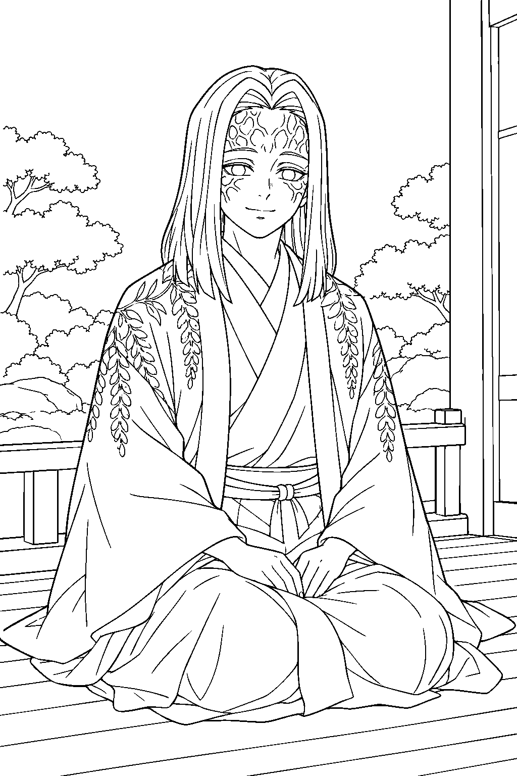 demon slayer kagaya ubuyashiki seated on the veranda of the ubuyashiki estate line art