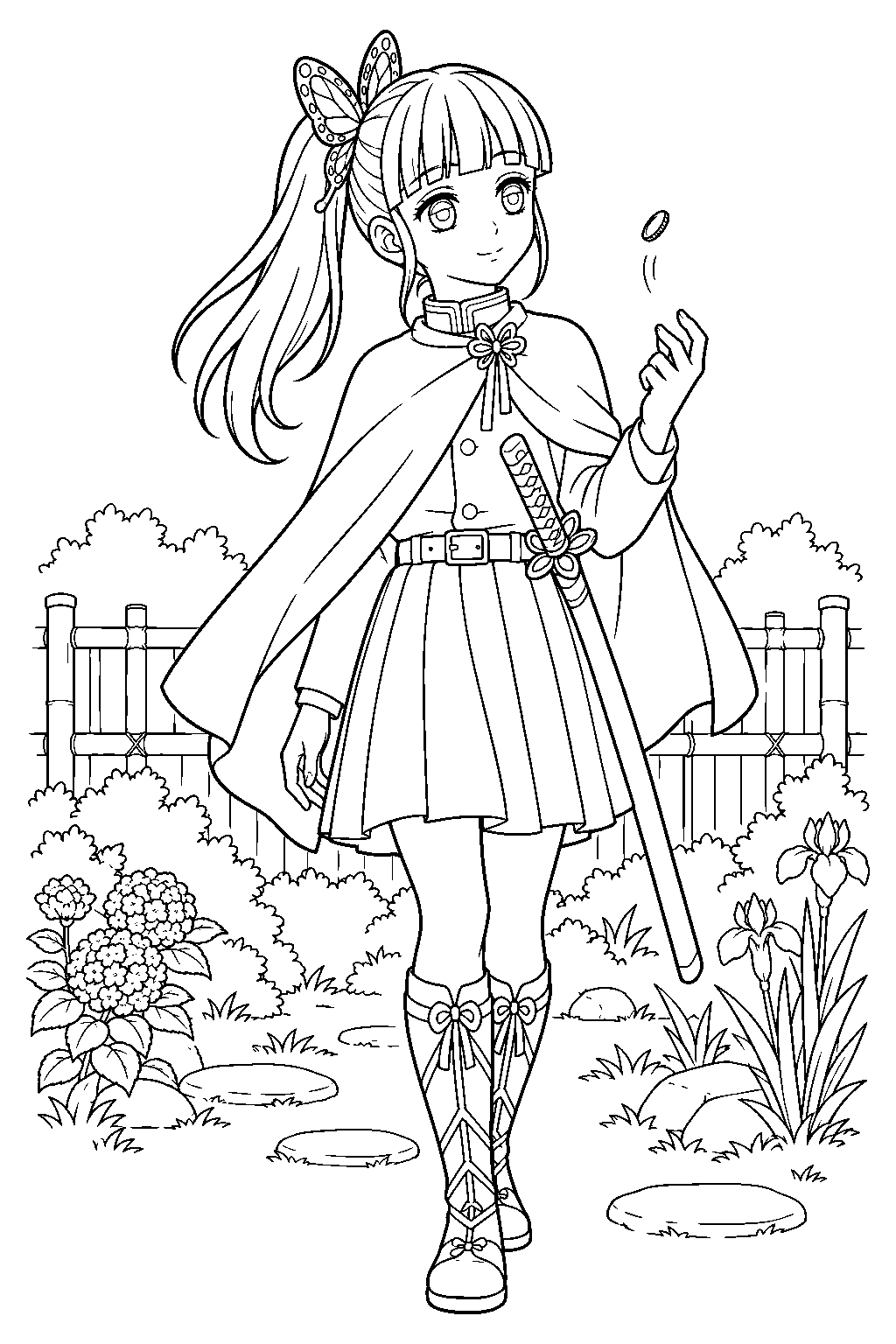 demon slayer kanao tsuyuri flipping her coin in the butterfly mansion garden line art