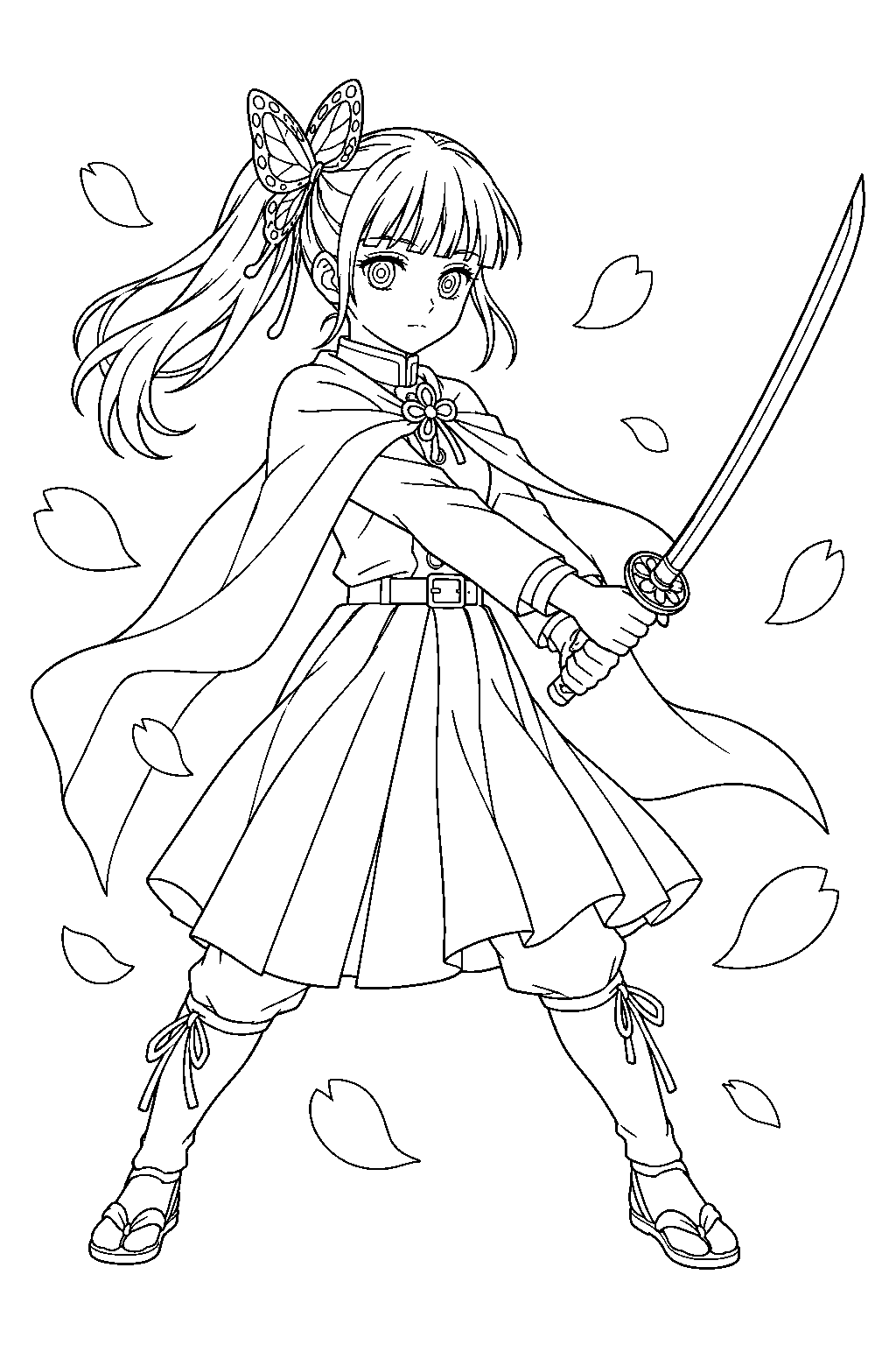 demon slayer kanao tsuyuri practicing flower breathing amid falling petals line art