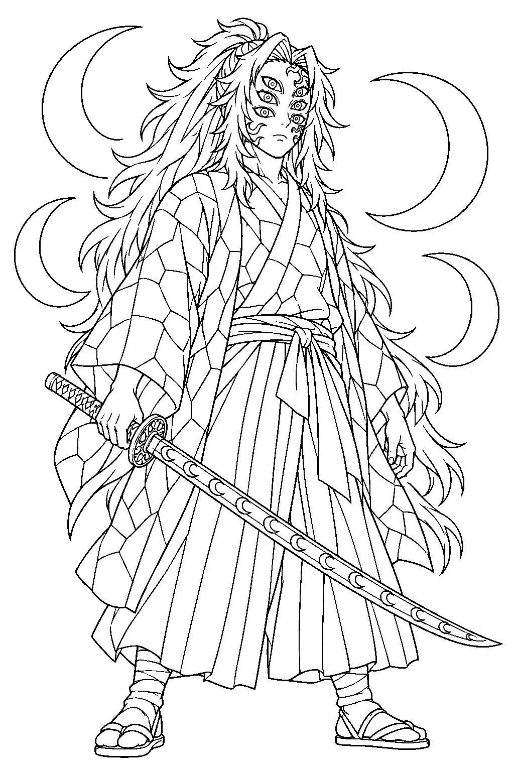 demon slayer kokushibo with six eyes and a katana surrounded by crescent moons line art