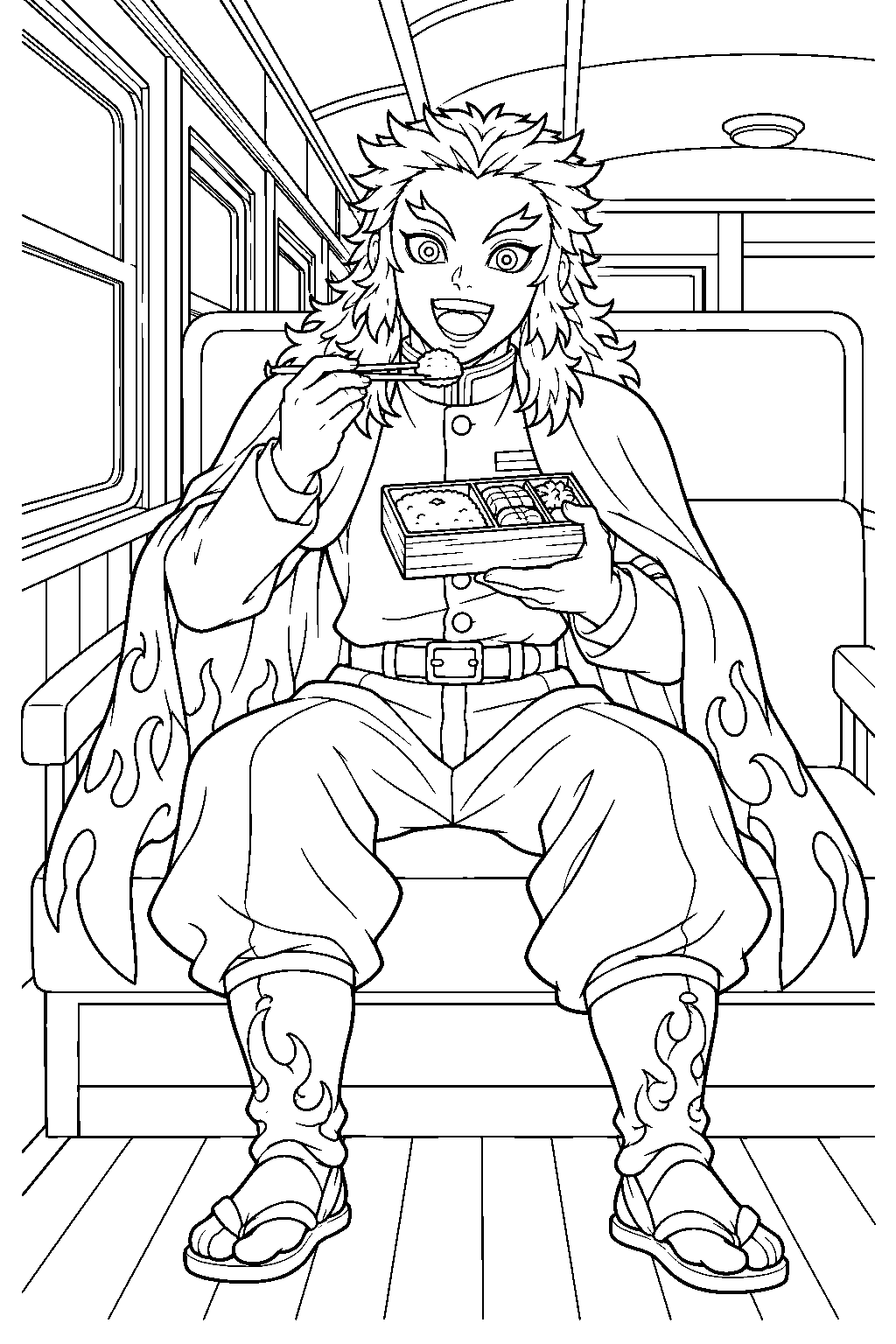 demon slayer kyojuro rengoku eating a bento meal inside the mugen train line art