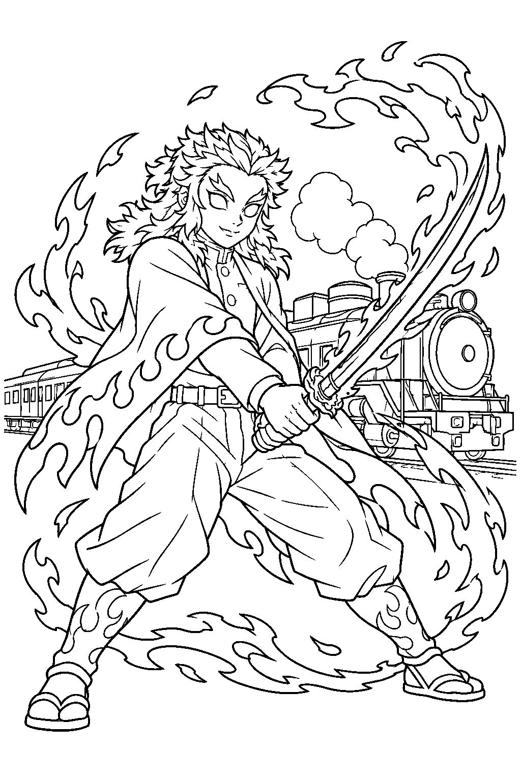 demon slayer kyojuro rengoku using flame breathing beside the mugen train line art