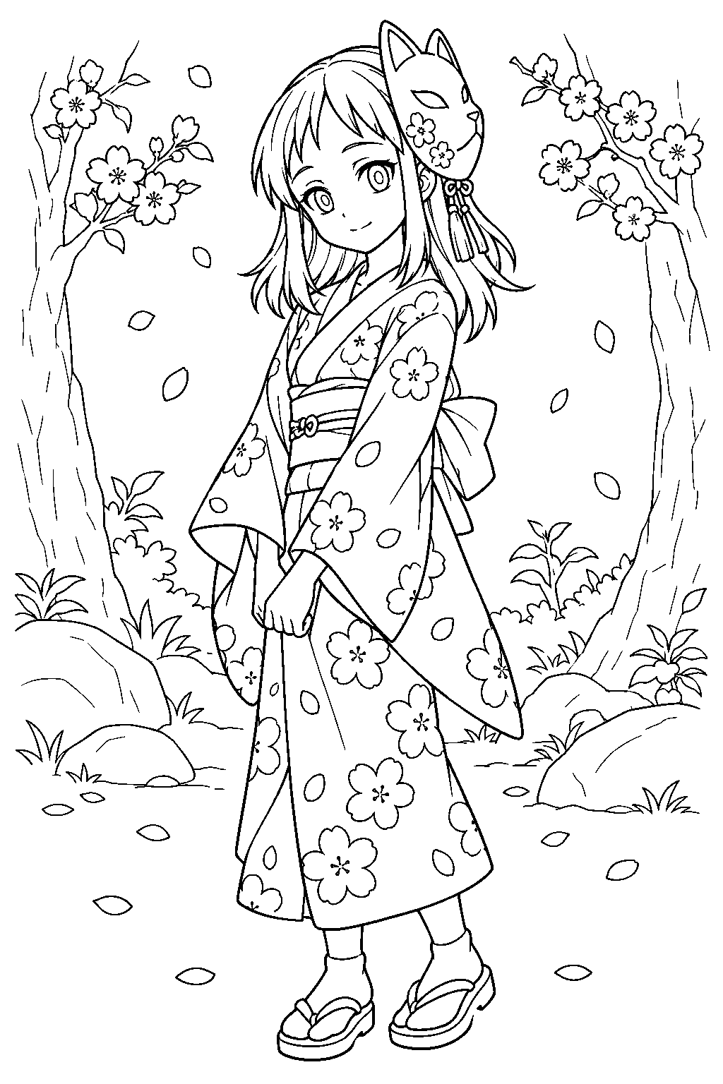 demon slayer makomo with her flower patterned fox mask among forest blossoms line art