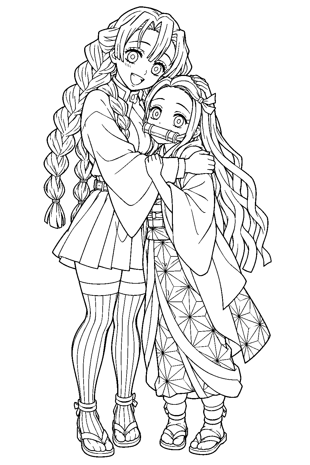 demon slayer mitsuri kanroji hugging nezuko kamado at the swordsmith village line art