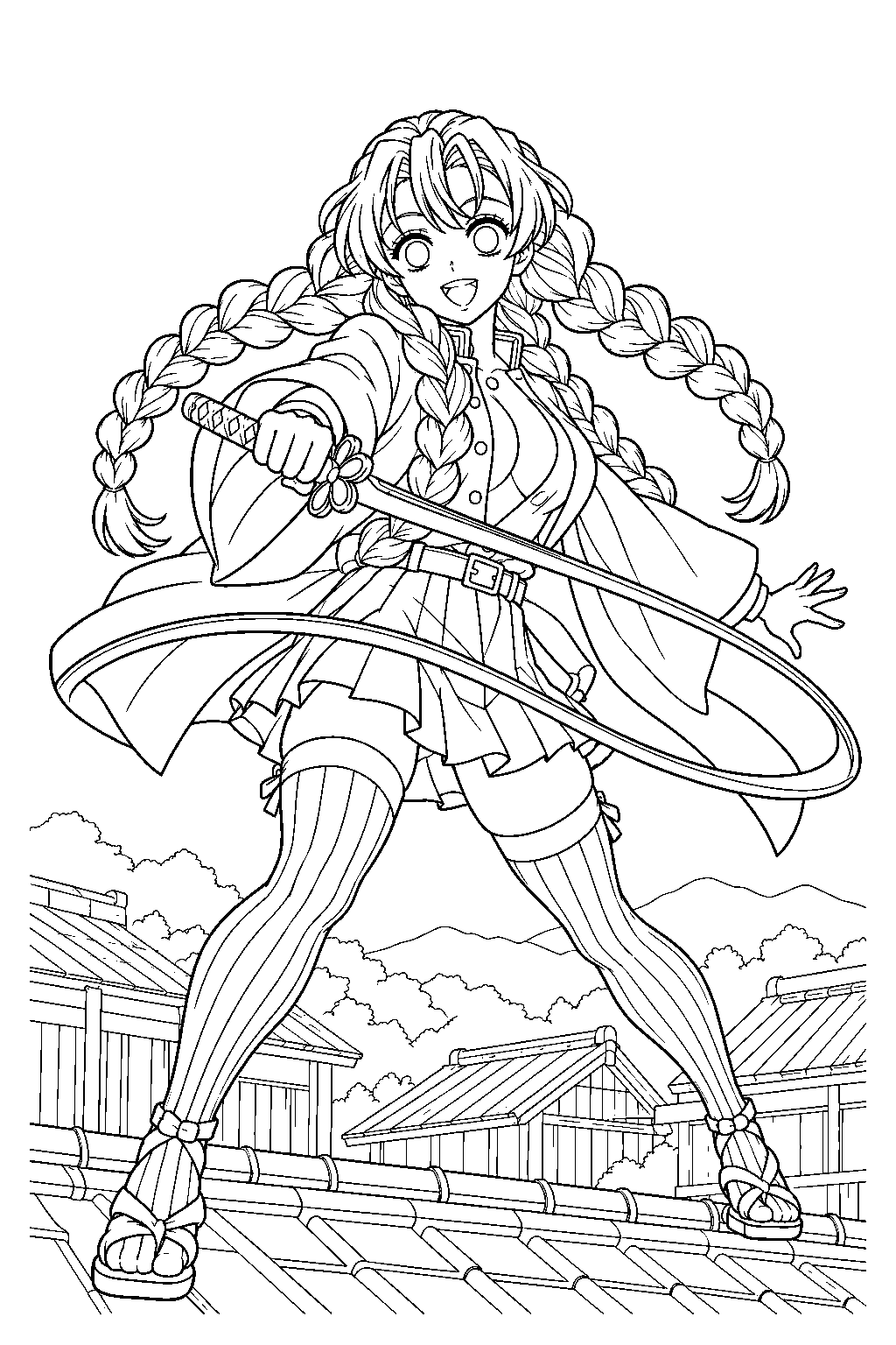 demon slayer mitsuri kanroji using her flexible nichirin sword at the swordsmith village line art
