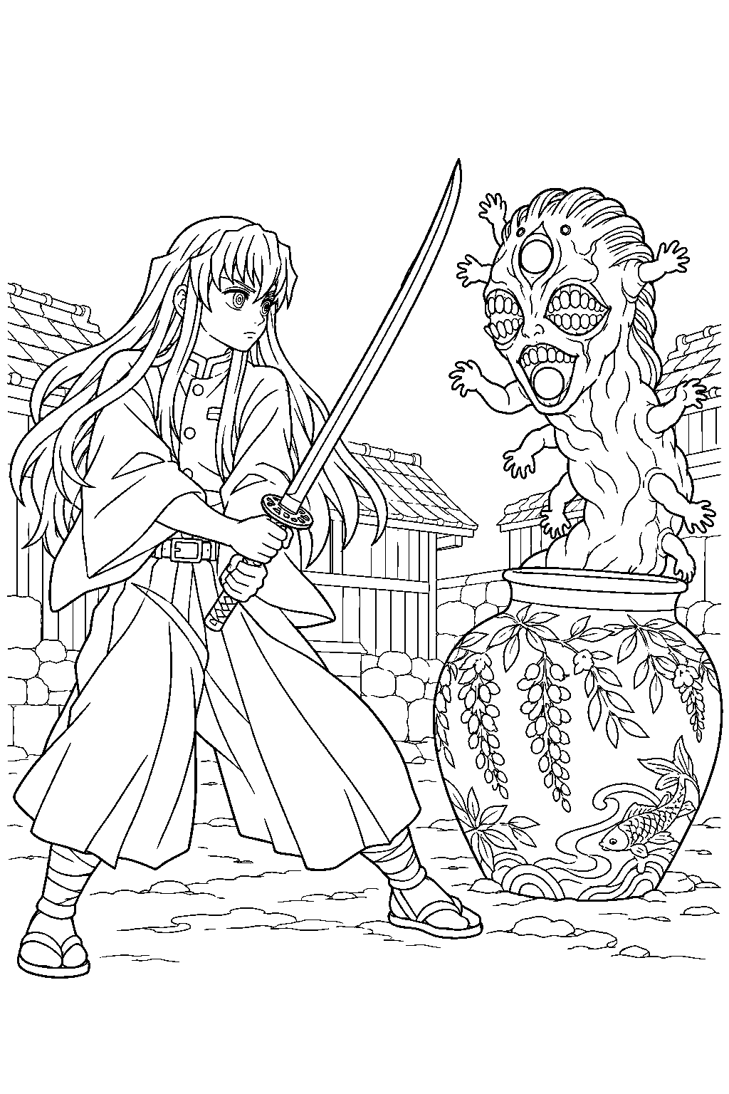 demon slayer muichiro tokito facing gyokko beside a vase at the swordsmith village line art