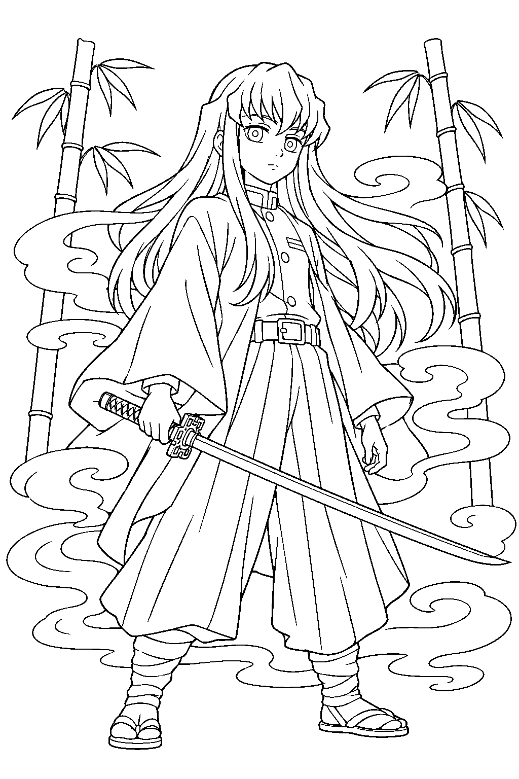demon slayer muichiro tokito using mist breathing in a bamboo forest line art