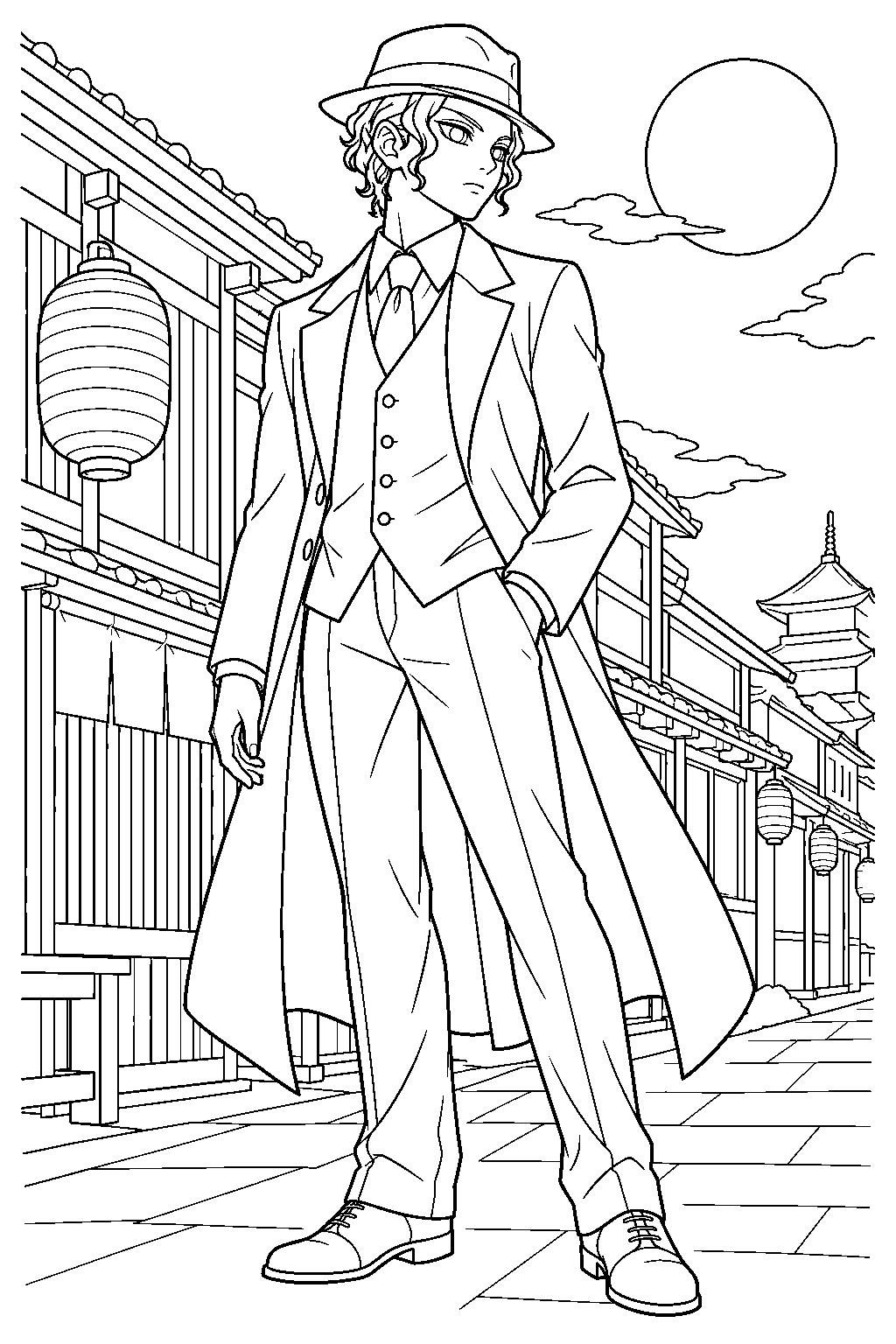 demon slayer muzan kibutsuji wearing his fedora on an asakusa street at night line art