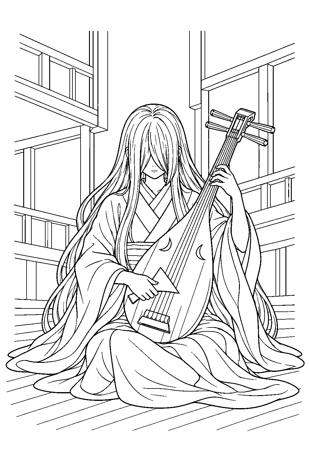 demon slayer nakime playing her biwa inside the shifting infinity castle line art