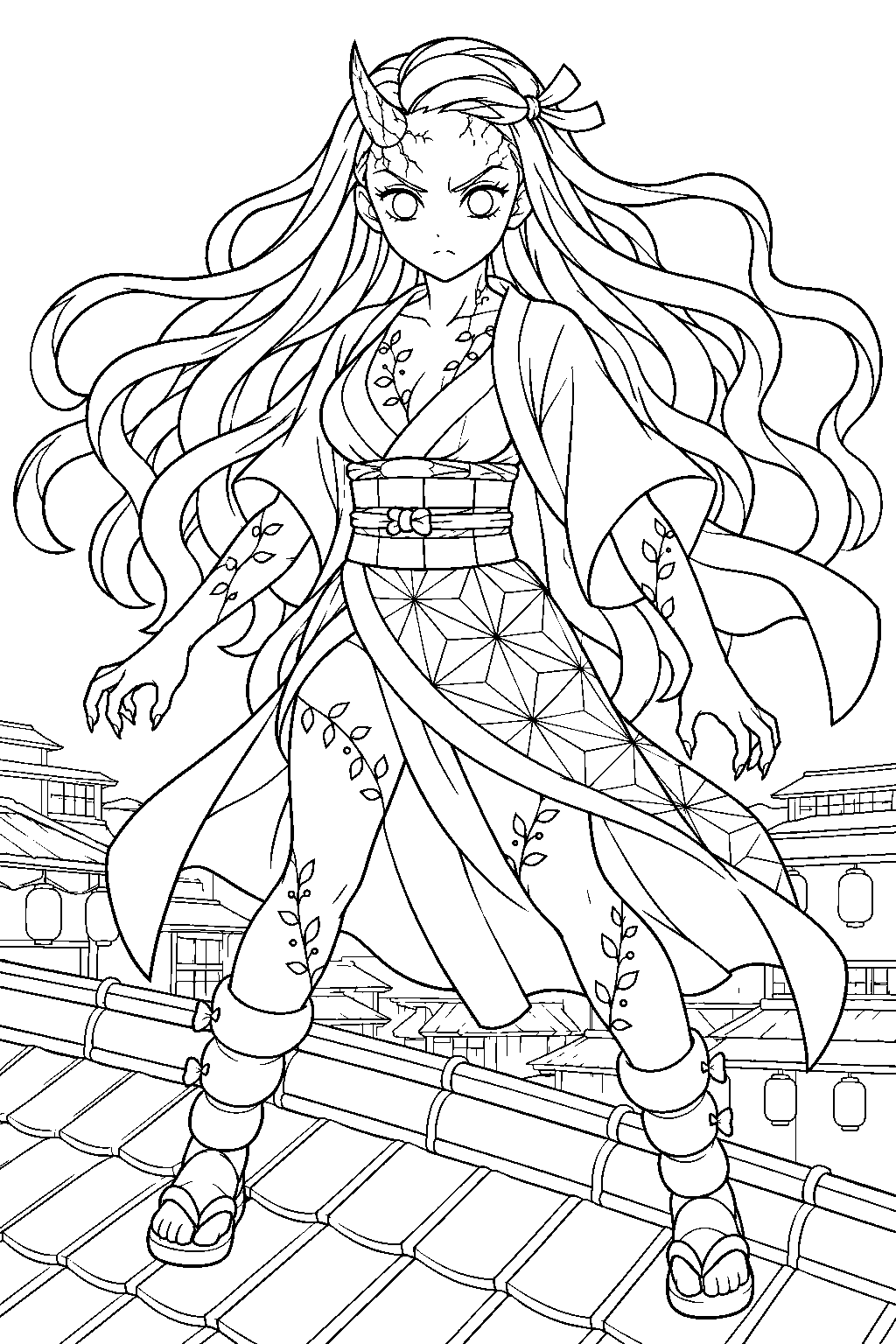 demon slayer nezuko kamado in her awakened demon form on an entertainment district rooftop line art